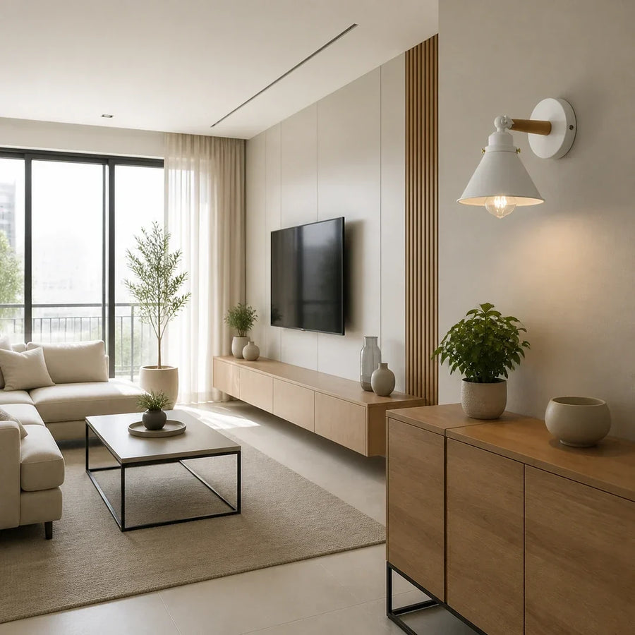 Arandela Industrial E27 Branca com Madeira — em ambiente moderno claro