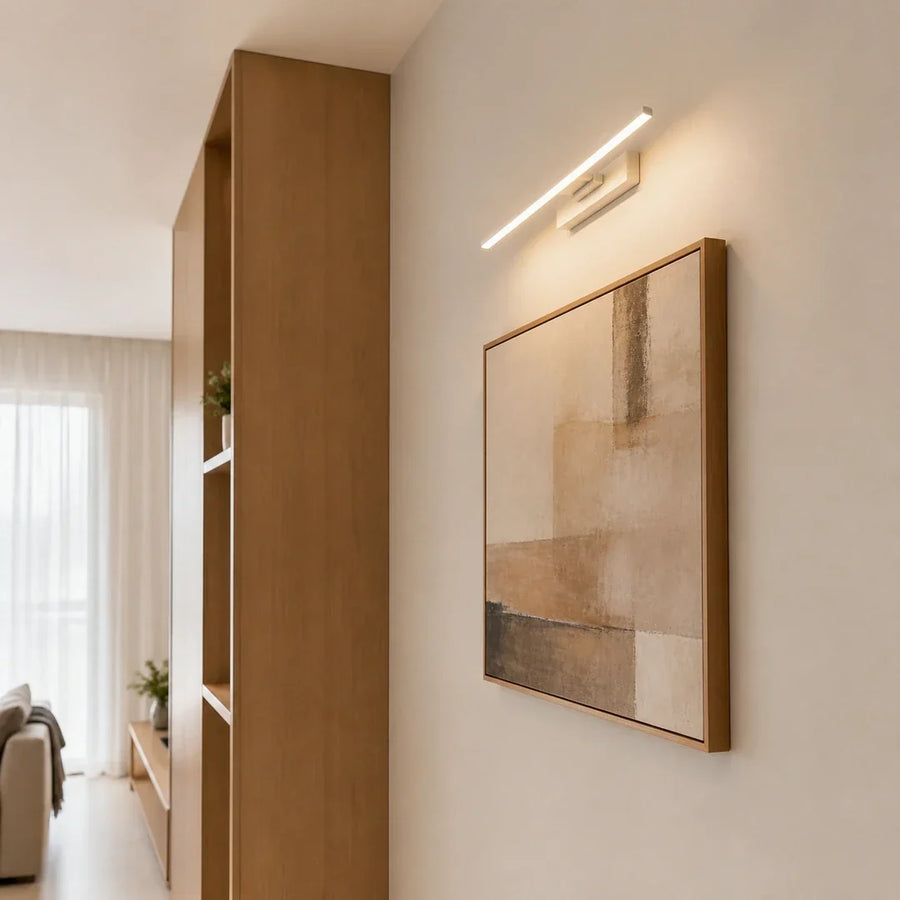 Arandela LED Linear Branca Rotativa — em ambiente moderno claro