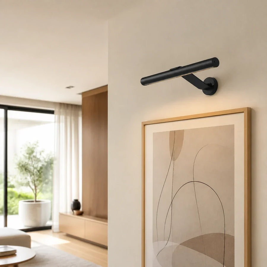 Arandela LED Linear Preta Dimerizável — em ambiente moderno claro