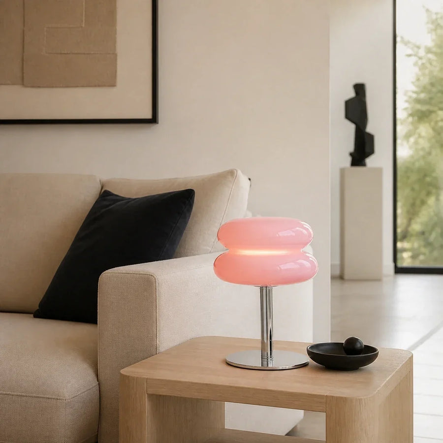 Luminária de Mesa Cogumelo de Vidro Rosa 15W — em ambiente moderno claro