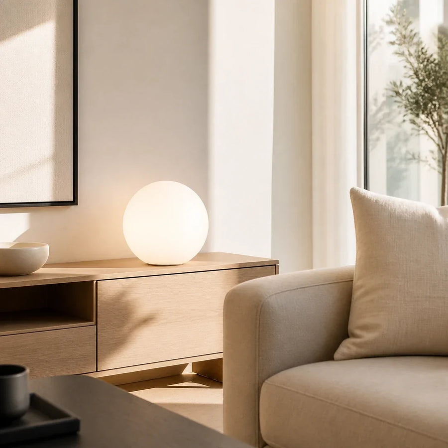 Luminária de Mesa Esfera 15cm Tricolor 5W — em ambiente moderno claro