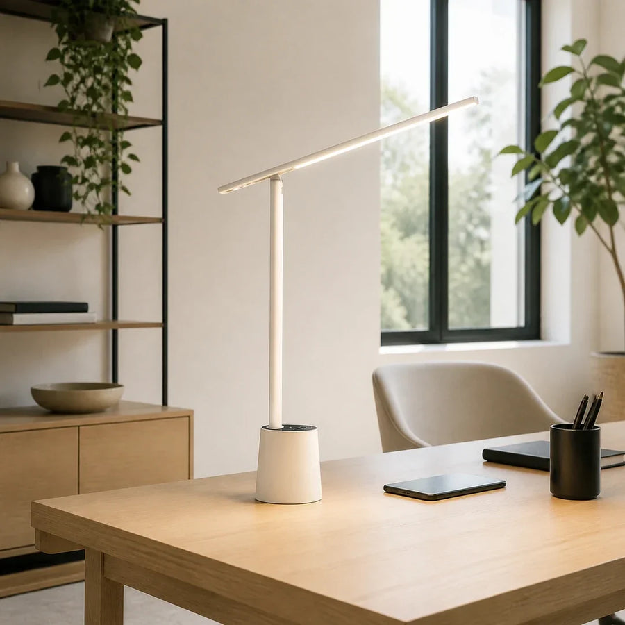 Luminária de Mesa LED Branca Touch Recarregável — luminária de mesa led branca em ambiente moderno