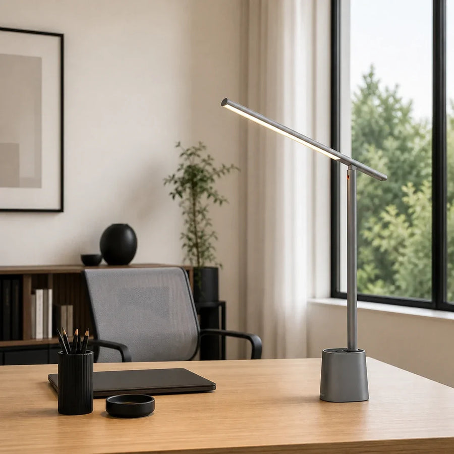 Luminária de Mesa LED Cinza Touch Recarregável — luminária de mesa led cinza em ambiente moderno
