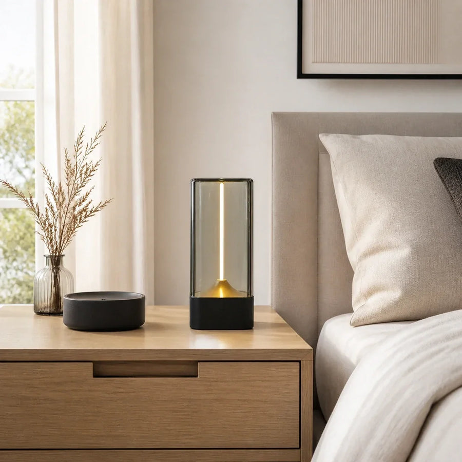 Luminária de Mesa LED Filamento Preta Touch — luminária de mesa led filamento preta em ambiente moderno
