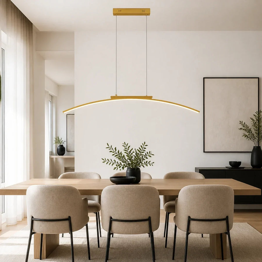 Pendente LED Curvo 100cm 26W Dourado - Arcora — pendente led curvo dourado arcora em ambiente moderno claro