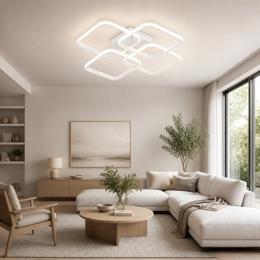 Plafon LED 4 Quadrados Branco 45cm Tricolor — plafon led 4 quadrados branco em sala moderna