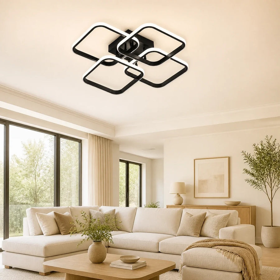Plafon LED 4 Quadrados Preto 45cm Tricolor — plafon led 4 quadrados preto em sala moderna