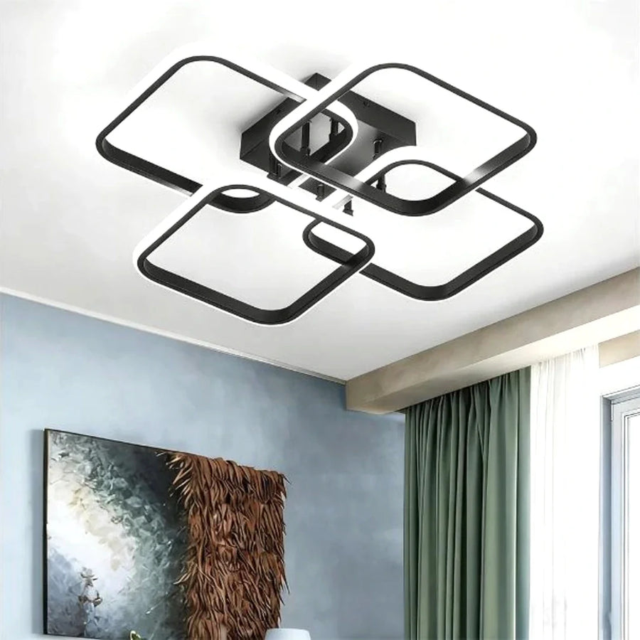 Plafon LED Geométrico Preto 45cm Tricolor — em ambiente moderno claro
