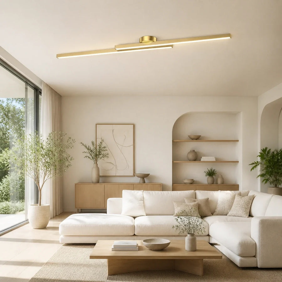 Plafon LED Linear Dourado 60/80cm com Controle — plafon led linear dourado em sala moderna