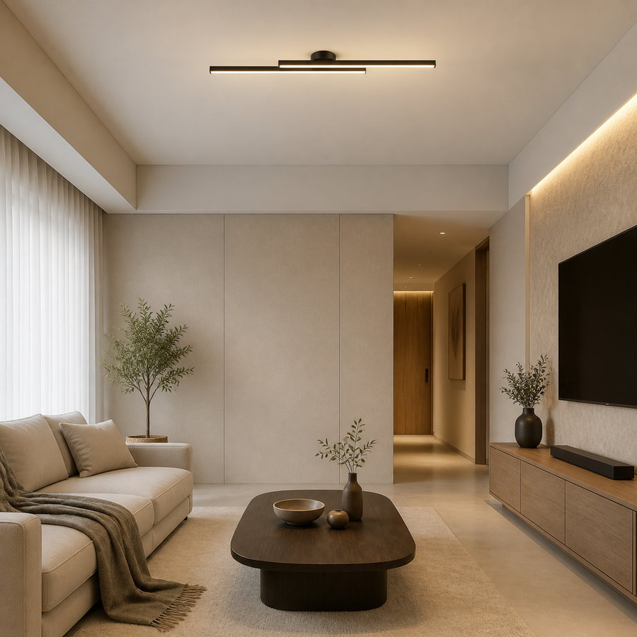 Plafon LED Linear Slim Preto 60cm 16W — em ambiente decorado 1