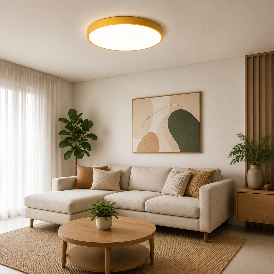 Plafon LED Redondo Slim Amarelo 27W e 36W — em ambiente decorado 1