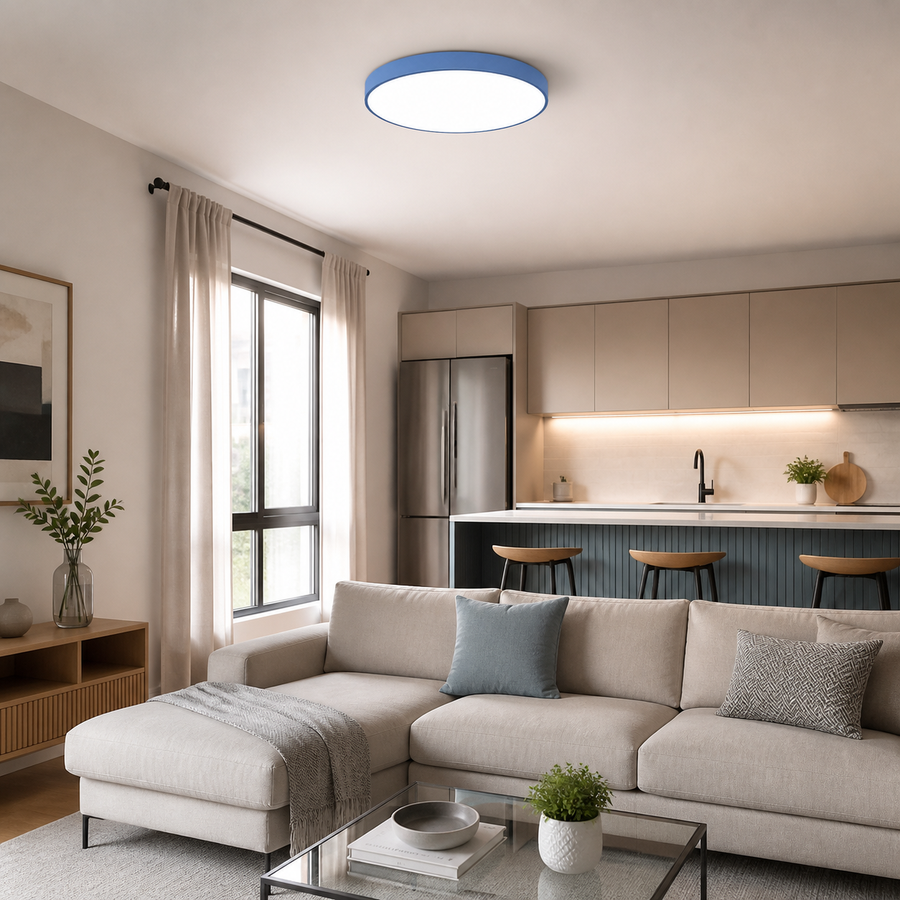 Plafon LED Redondo Slim Azul 27W e 36W — em ambiente decorado 1