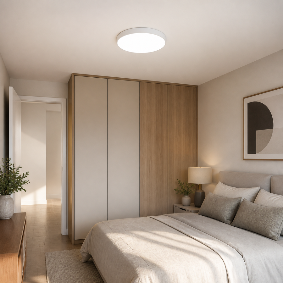Plafon LED Redondo Slim Branco 27W e 36W — em ambiente decorado 1