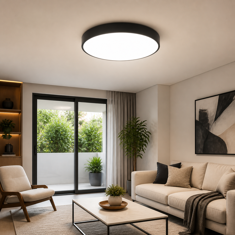 Plafon LED Redondo Slim Preto 27W e 36W — em ambiente decorado 1