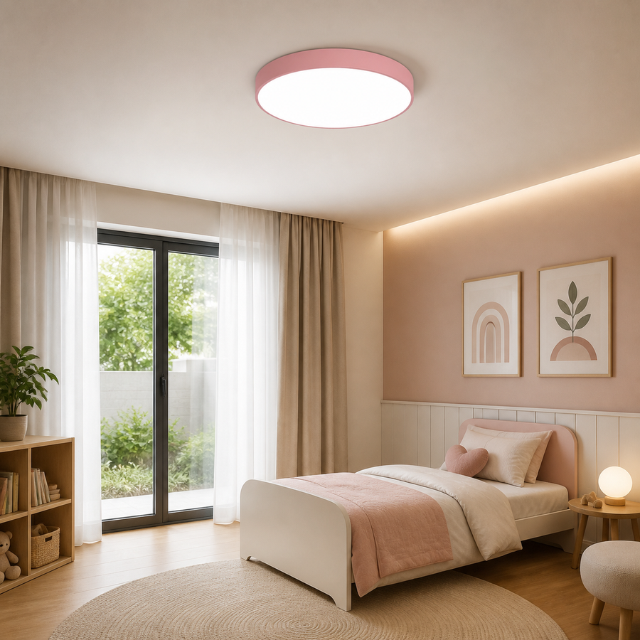 Plafon LED Redondo Slim Rosa 27W e 36W — em ambiente decorado 1