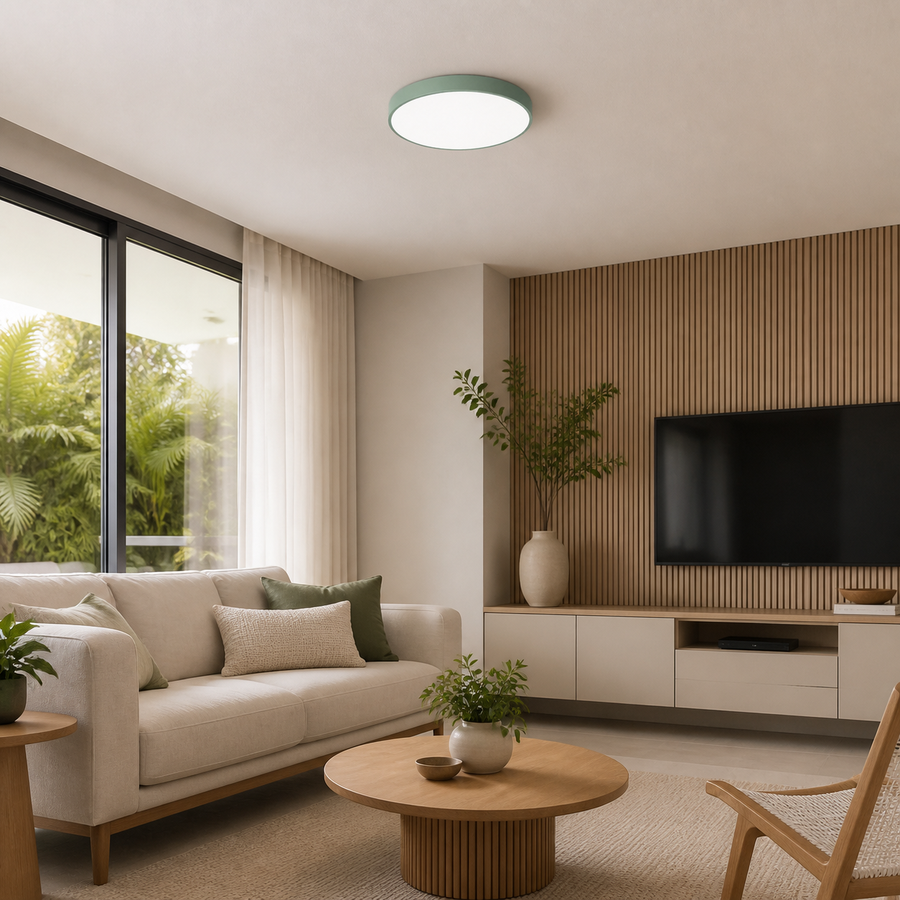 Plafon LED Redondo Slim Verde 27W e 36W — em ambiente decorado 1