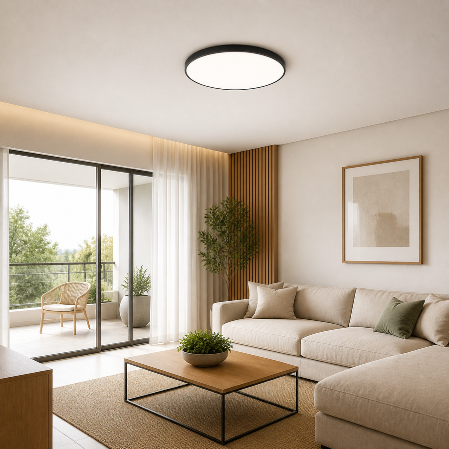 Plafon LED Smart Preto 36W e 50W com App — em ambiente decorado 1