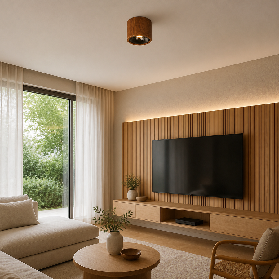 Plafon Spot LED Direcionável Madeira Clara 15W — em ambiente decorado 1
