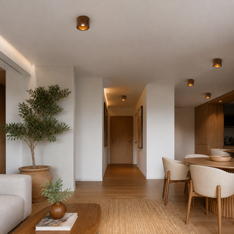 Plafon Spot LED Direcionável Madeira Escura 15W — em ambiente decorado 1